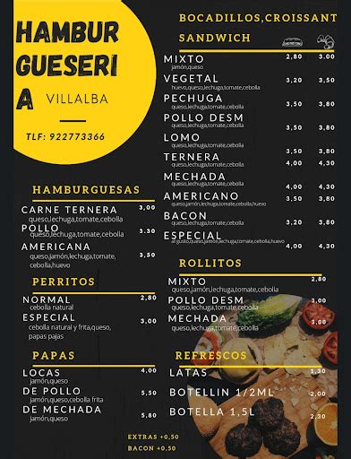 Carta del restaurante Hamburguesería Villalba, Granadilla del。